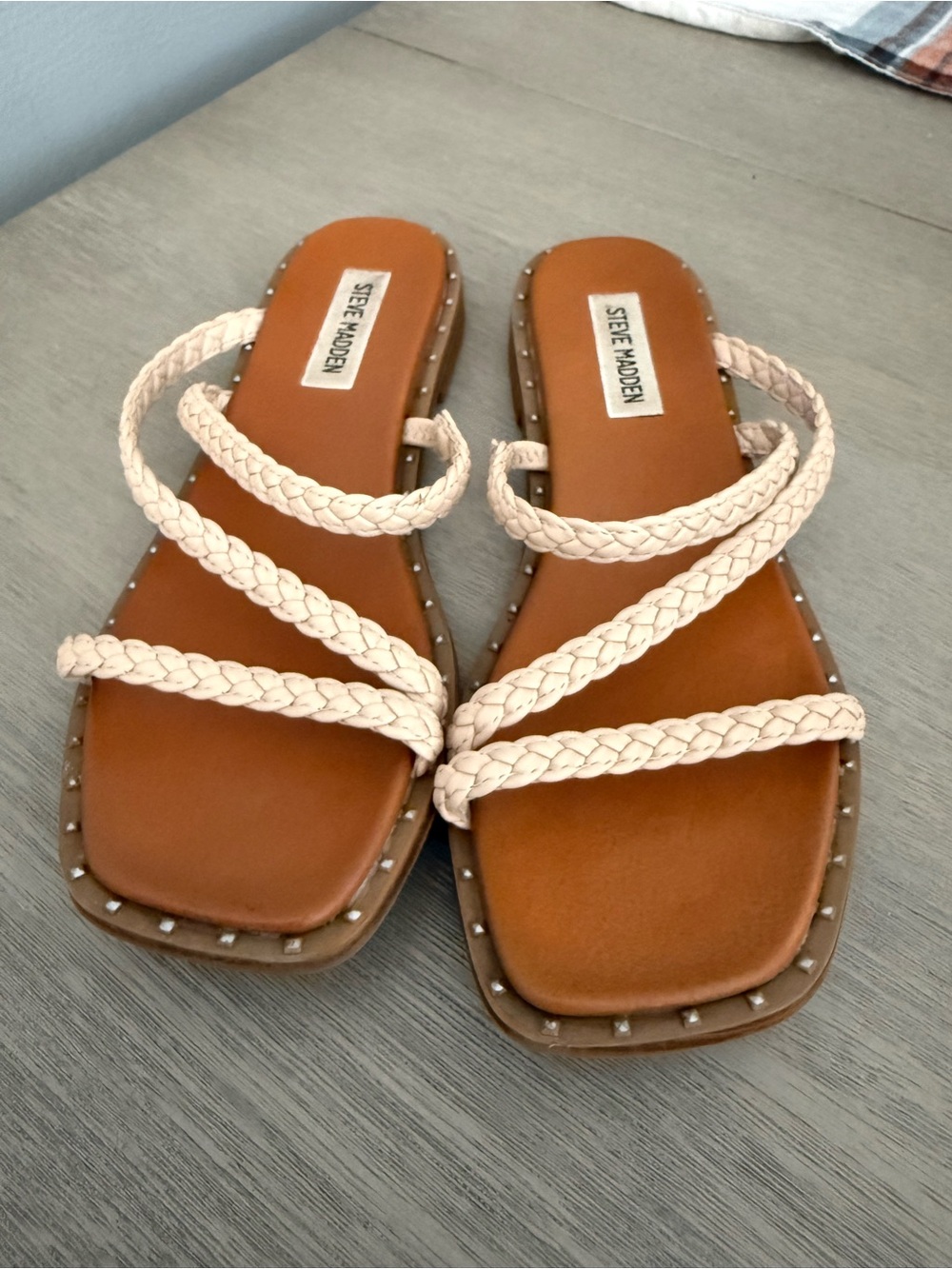 Steve Madden Braided Strap Slide Sandals in Tan with Cream Straps